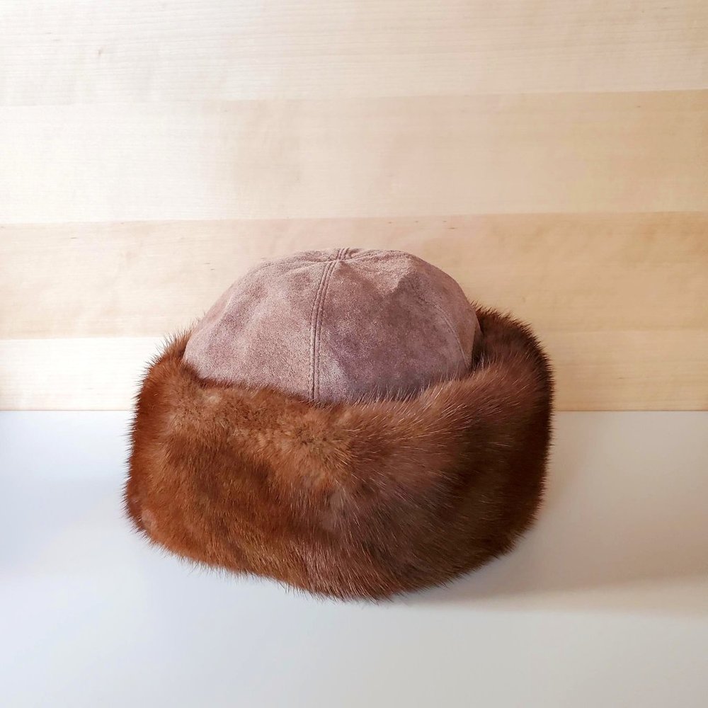 Vintage MCM Brown Suede Genuine Mink Fur Trim Retro Winter Hat
